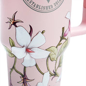 Close-up view of the pink jasmine joy Blue Stallion Farm 40 oz Tumbler