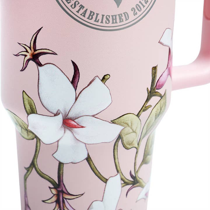 Close-up view of the pink jasmine joy Blue Stallion Farm 40 oz Tumbler