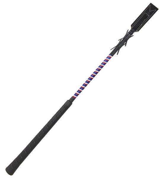 View of the red, white, and royal Jacks Racing Bat with Rectangle Flapper on a white background