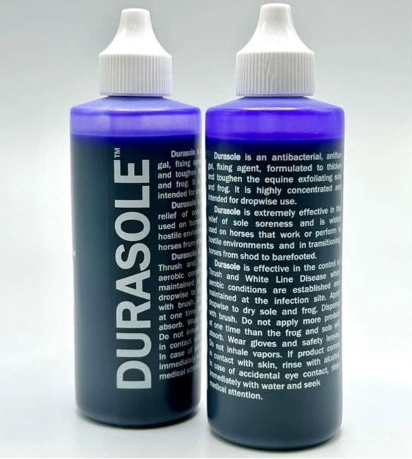 Side-by-side front and back views of Durasole Hoof Toughener on a gray background