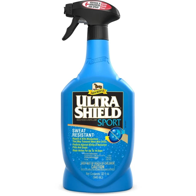 Front view of a 32 oz bottle of Absorbine UltraShield Sport Insecticide & Repellent on a plain background