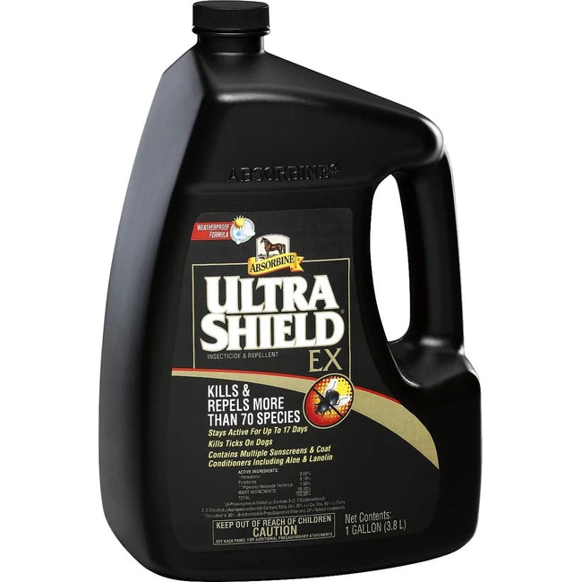 Front view of a 1 gallon jug of Absorbine Ultrashield EX Insecticide & Repellent Spray on a white background