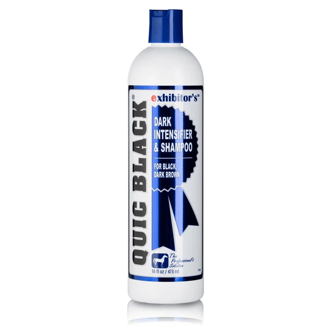 Front view of a bottle of Exhibitor's Quic Black Shampoo on a white background