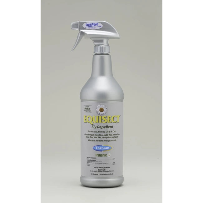 Front view of a 32 oz bottle of Farnam Equisect Fly Repellent (old design) on a gray background