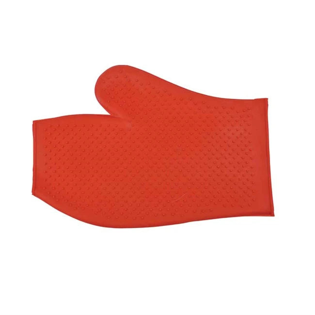 Palm view of the red Partrade Rubber Massage Glove on a white background