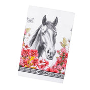Folded up view of the floral Rocky Blue Stallion Farm Rocky Tea Towel on a white background