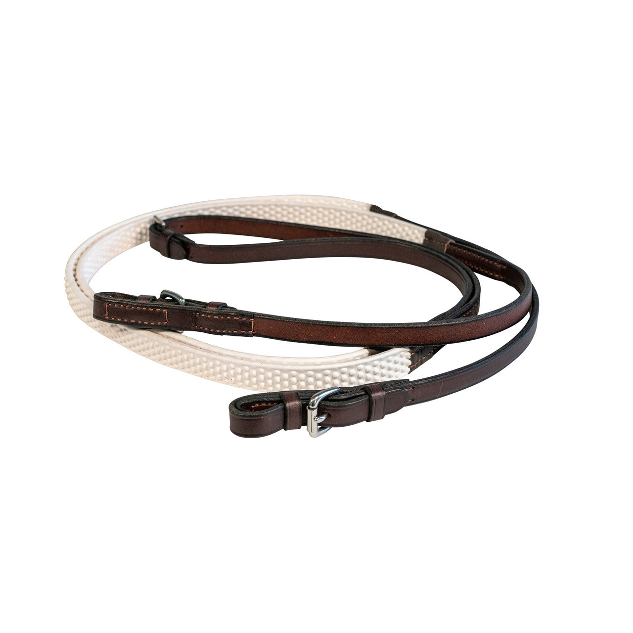 View of the white Nunn Finer Soft Grip Rubber Reins on a white background