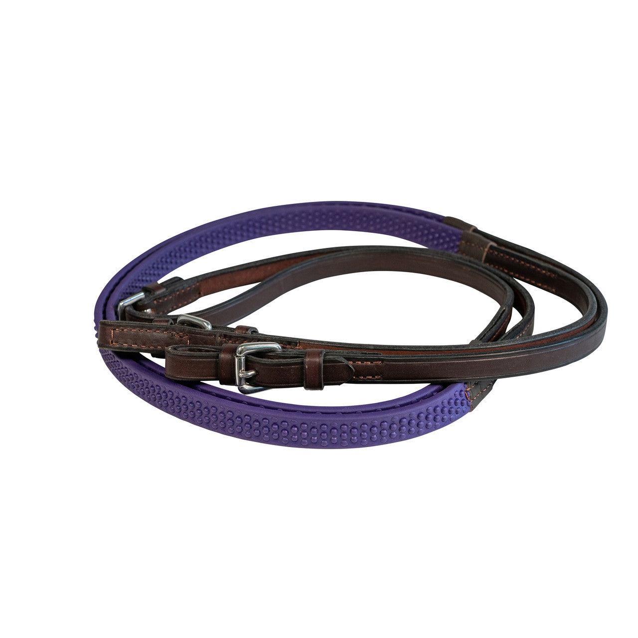View of the purple Nunn Finer Soft Grip Rubber Reins on a white background