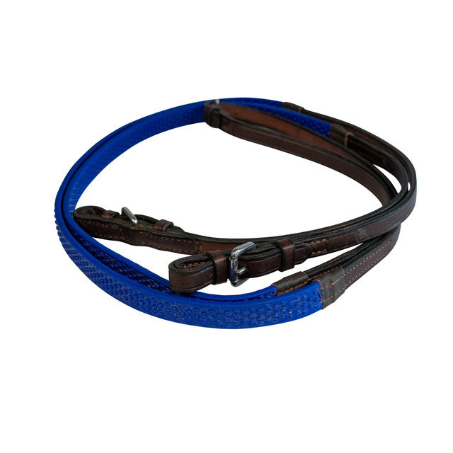 View of the royal blue Nunn Finer Soft Grip Rubber Reins on a white background