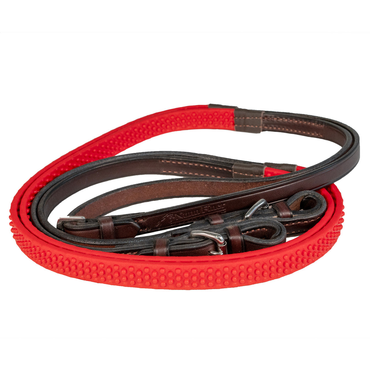View of the red Nunn Finer Soft Grip Rubber Reins on a white background
