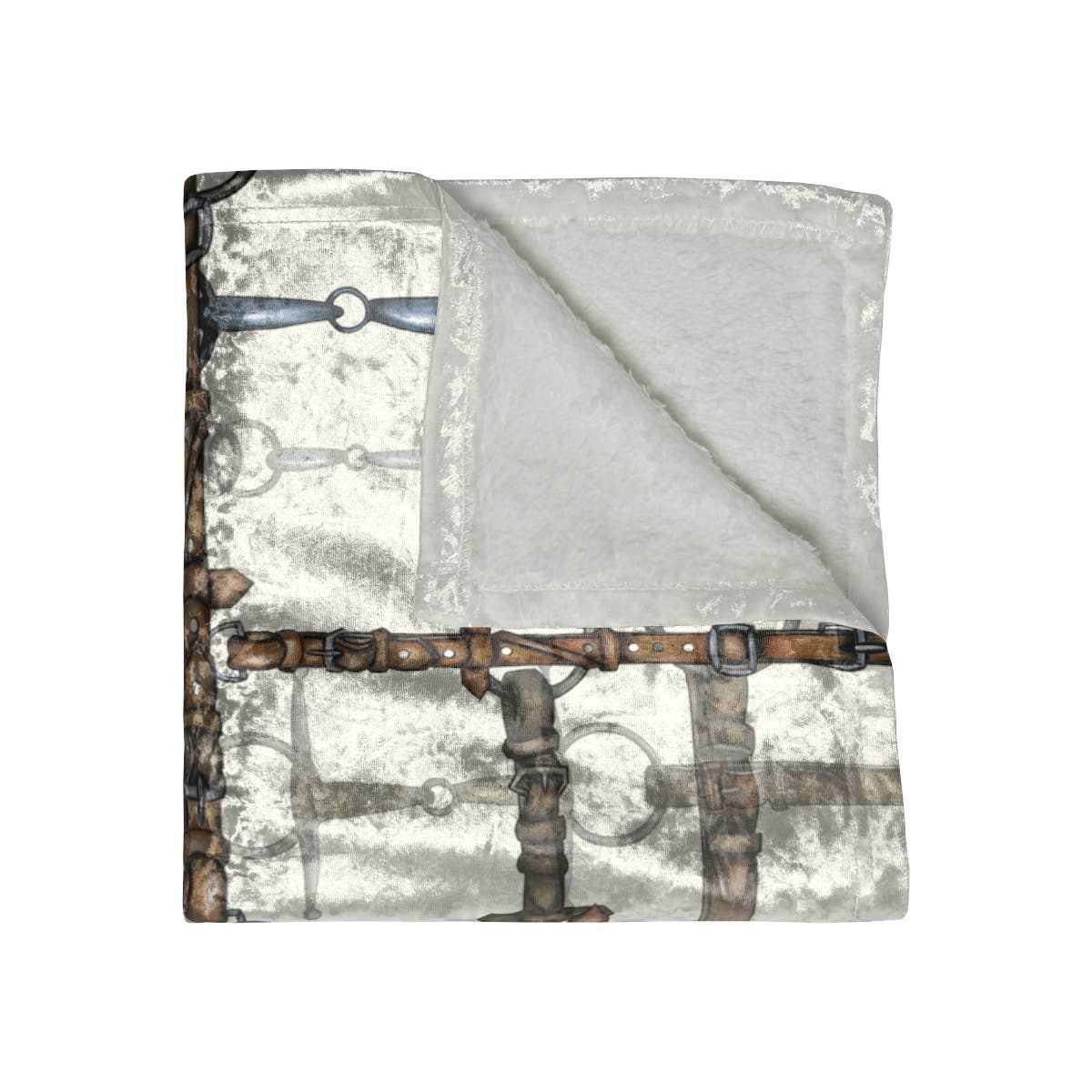 View of a folded All Designs Equine Ivory Bit Plaid Equestrian Crushed Velvet Throw on a white background