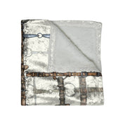 View of a folded All Designs Equine Ivory Bit Plaid Equestrian Crushed Velvet Throw on a white background
