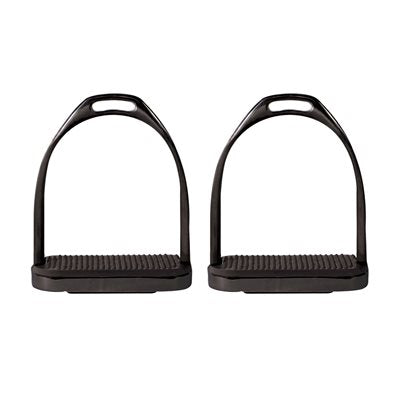 Black coated Fillis-style stirrup irons with wide tread and classic stainless steel shape shown against a white background.