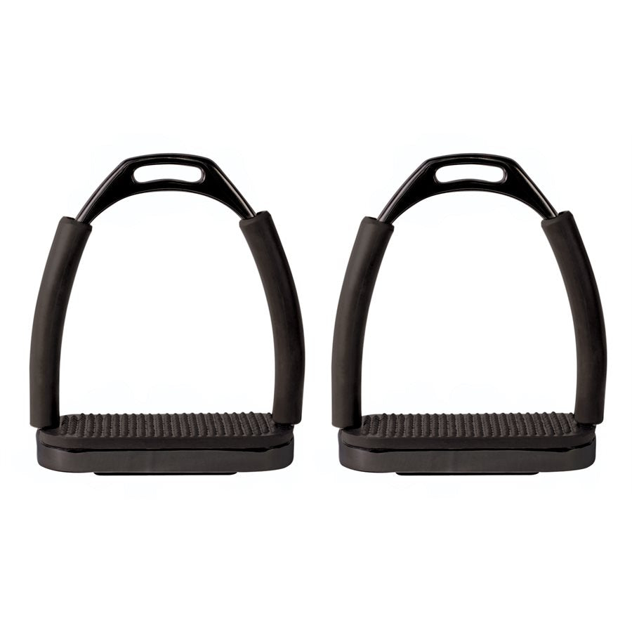 Perri’s Jointed Stirrup Irons in black showing flexible jointed sides and textured tread surface
