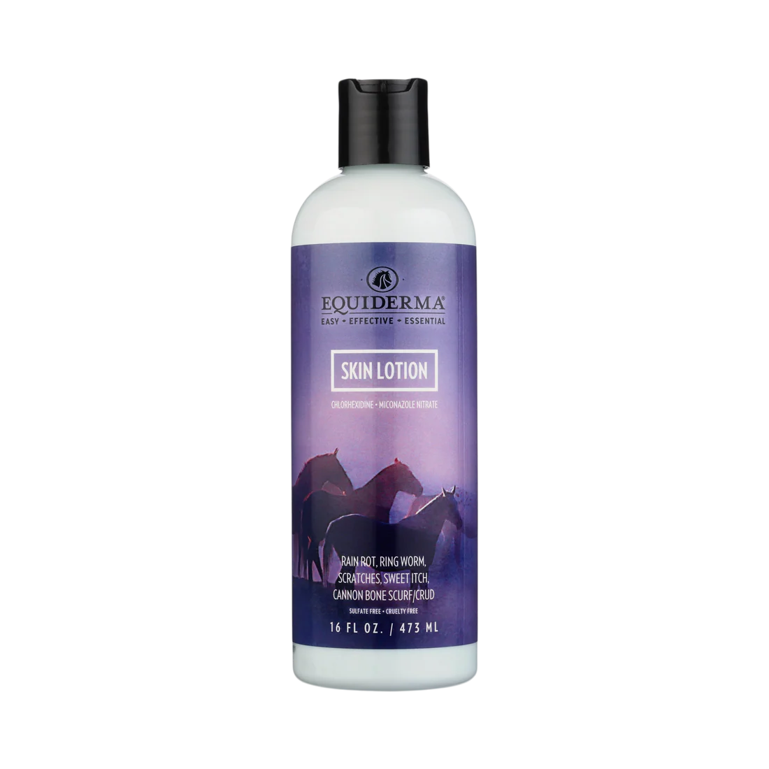 Front view of a 16 ox bottle of Equiderma Equine Skin Lotion on a white background