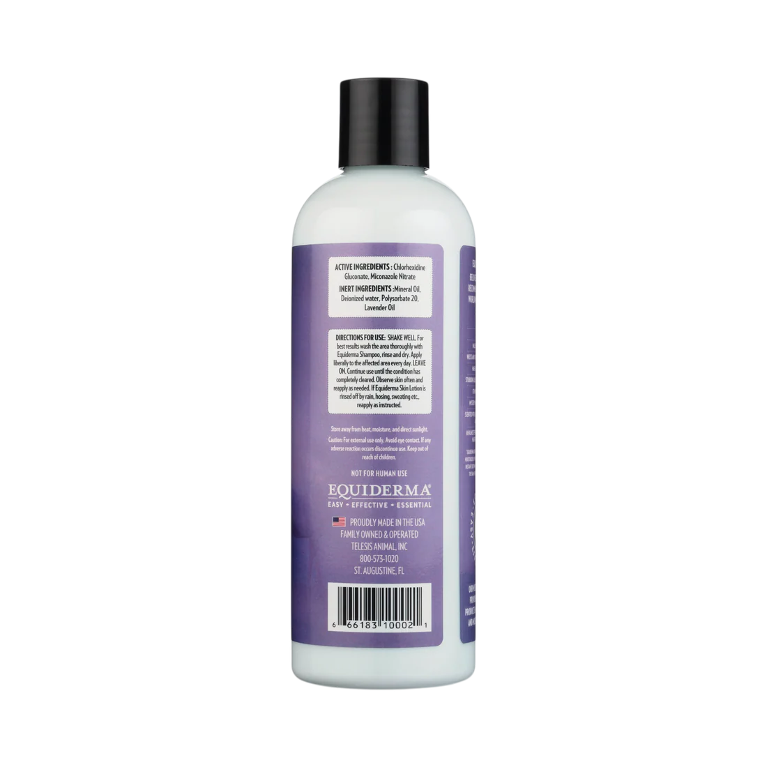 Back view of a 16 ox bottle of Equiderma Equine Skin Lotion on a white background