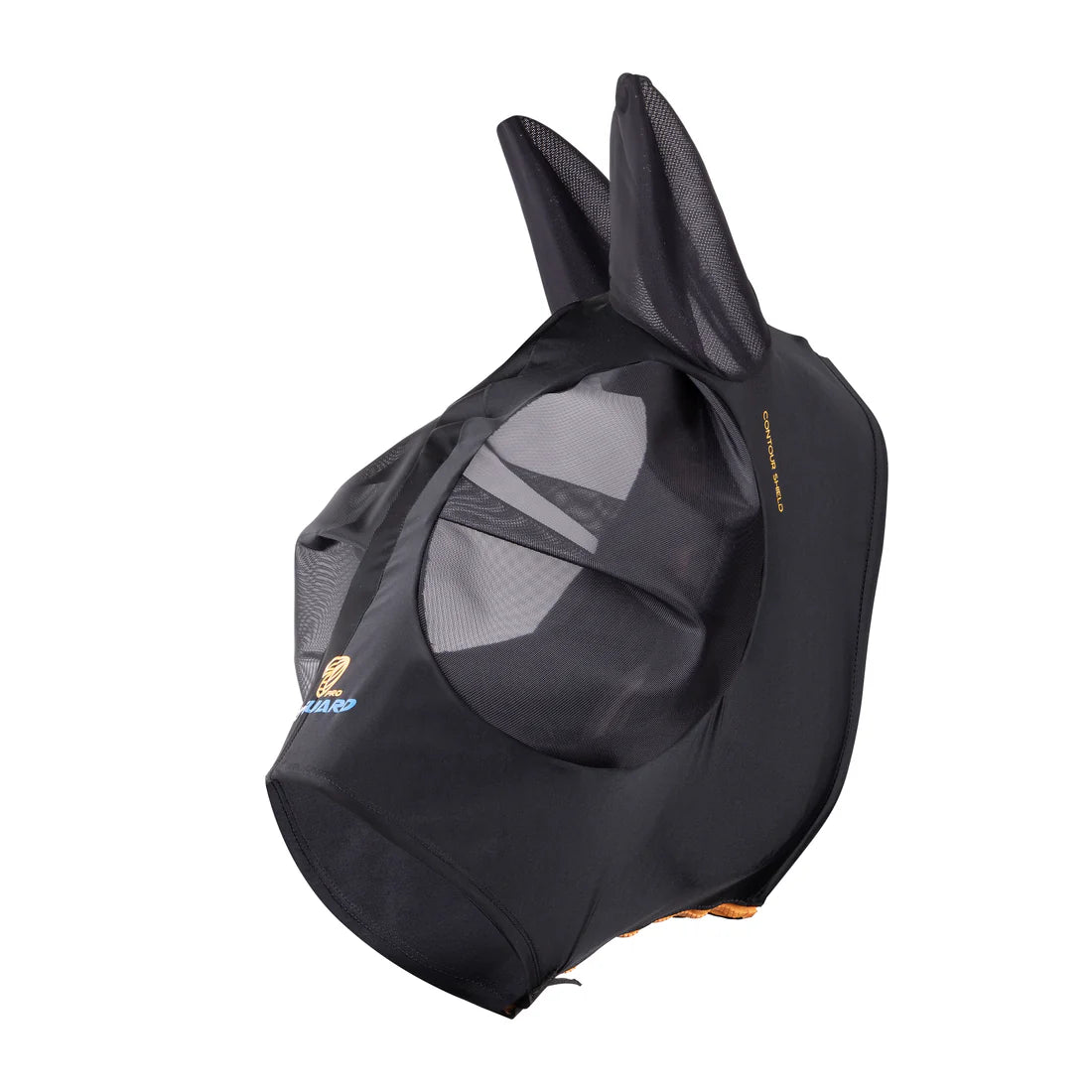 Angled side view of the Shires FlyGuard Pro Stretch Fly Mask in black on a white background