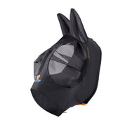 Angled side view of the Shires FlyGuard Pro Stretch Fly Mask in black on a white background