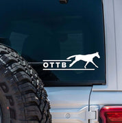 View of the white OTTB Dapplebay Vinyl Decal on the back of a silver jeep