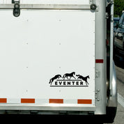 View of the black eventer Dapplebay Vinyl Decal on the back of a horse trailer