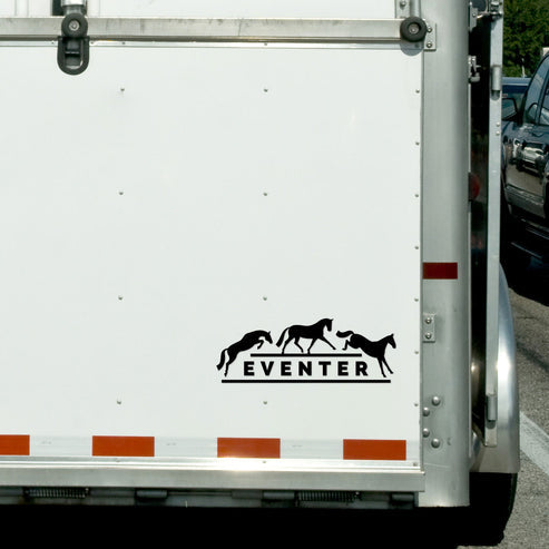 View of the black eventer Dapplebay Vinyl Decal on the back of a horse trailer