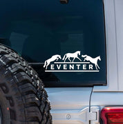 View of the white eventer Dapplebay Vinyl Decal on the back of a silver jeep