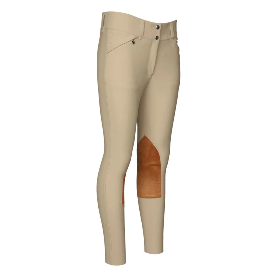 Angled front view of the tan Dapplebay Sport Hunter Knee Patch Show Breech on a white background