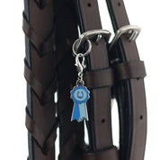 Front view of the blue ribbon Dapplebay Bridle Charm on a brown bridle