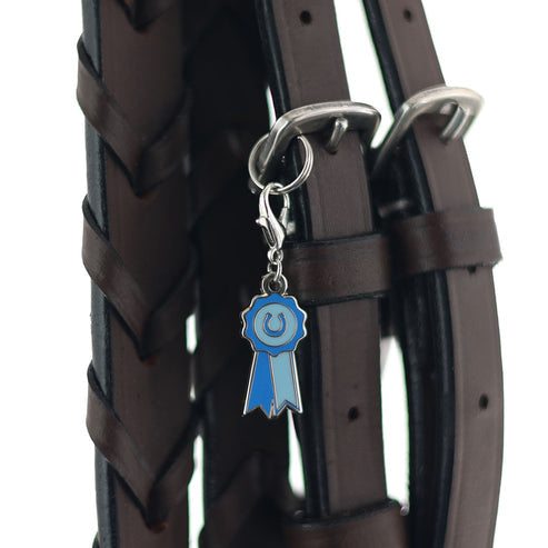 Front view of the blue ribbon Dapplebay Bridle Charm on a brown bridle