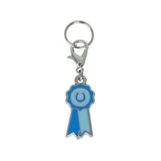 Front view of the blue ribbon Dapplebay Bridle Charm on a white background
