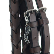 Front view of the Dream Chaser Dapplebay Bridle Charm on a brown bridle