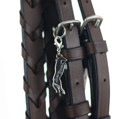 Front view of the Dream Chaser Dapplebay Bridle Charm on a brown bridle