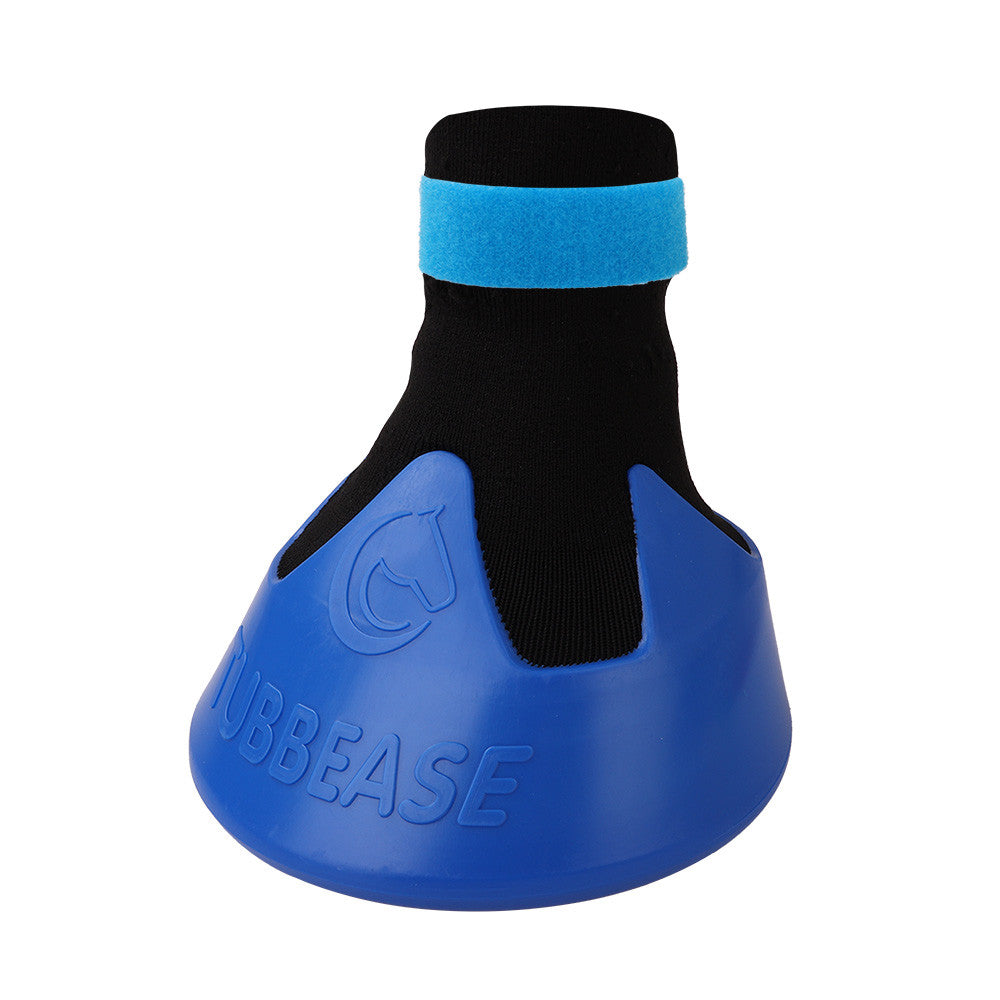 Angled front view of the blue large Tubbease Hoof Sock on a white background