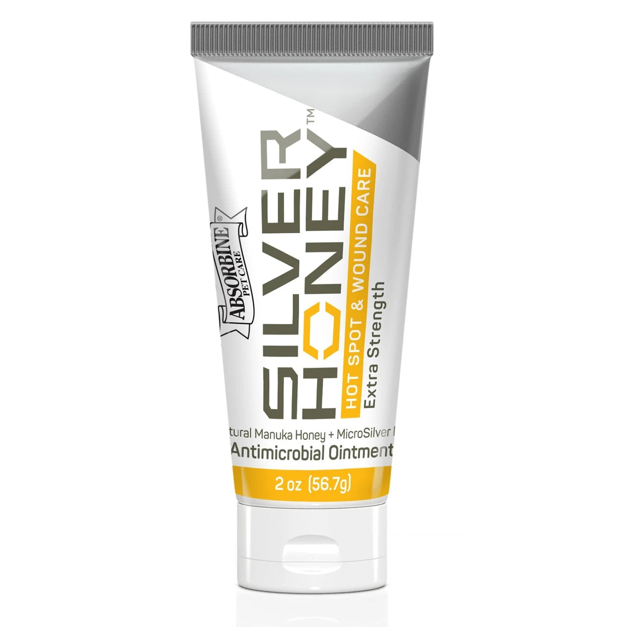 Front view of a 2 oz tube of Silver Honey Hot Spot & Wound Care Ointment on a white background
