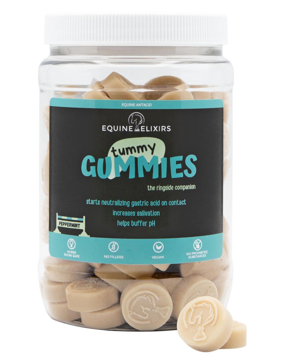 Front view of the Peppermint Equine Elixirs Tummy Gummies on a white background