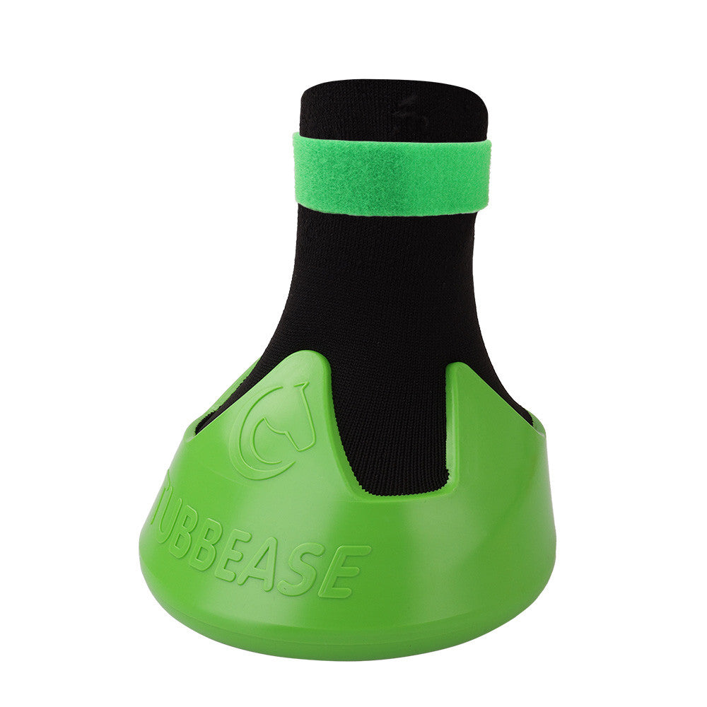 Angled front view of the small-medium green Tubbease Hoof Sock on a white background