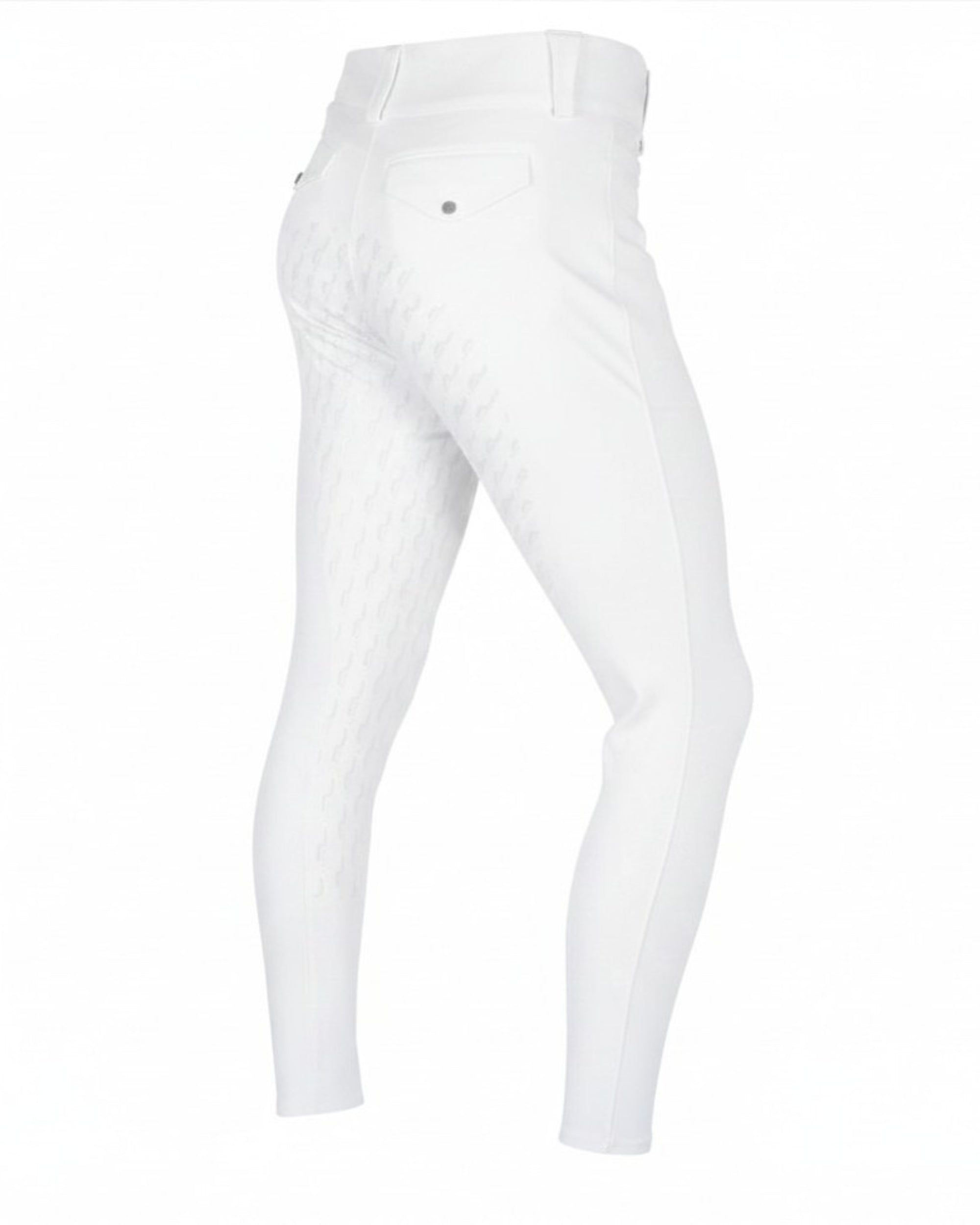Angled back view of the white Aubrion Men's Optima MX-FG Breeches on a white background