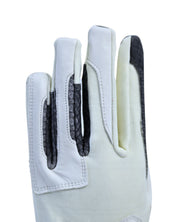 Close-up view of the back of the white Correct Connect Oil-Tac Copper Tech™ Leather Premium Riding Gloves on a white background