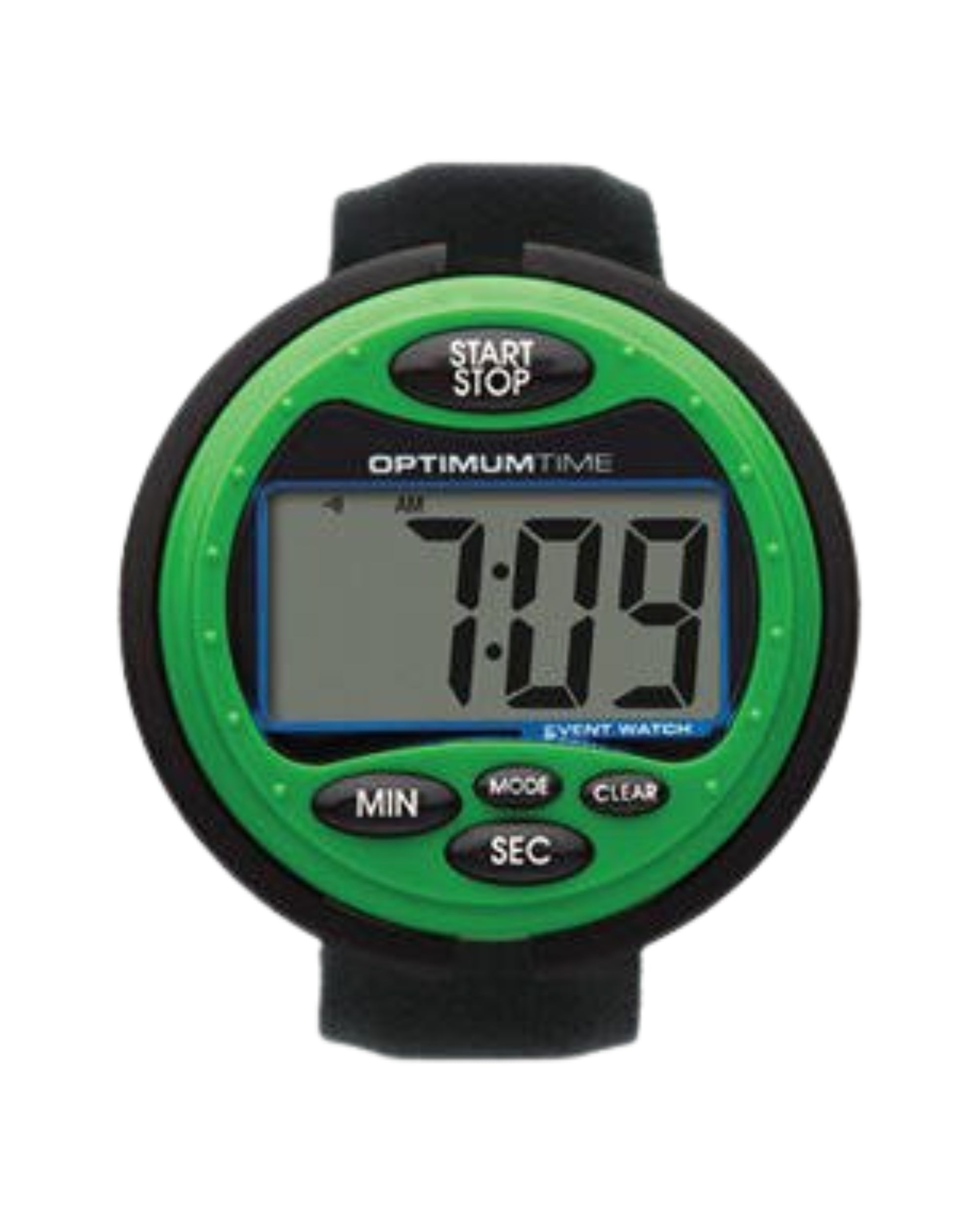Front view of the green Nunn Finer Optimum Cross Country Time Watch on a plain background