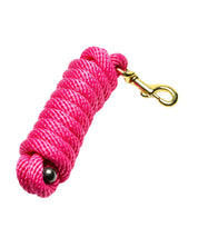 View of the rolled up neon pink Jacks Poly Lead Rope with Bolt Snap on a white background