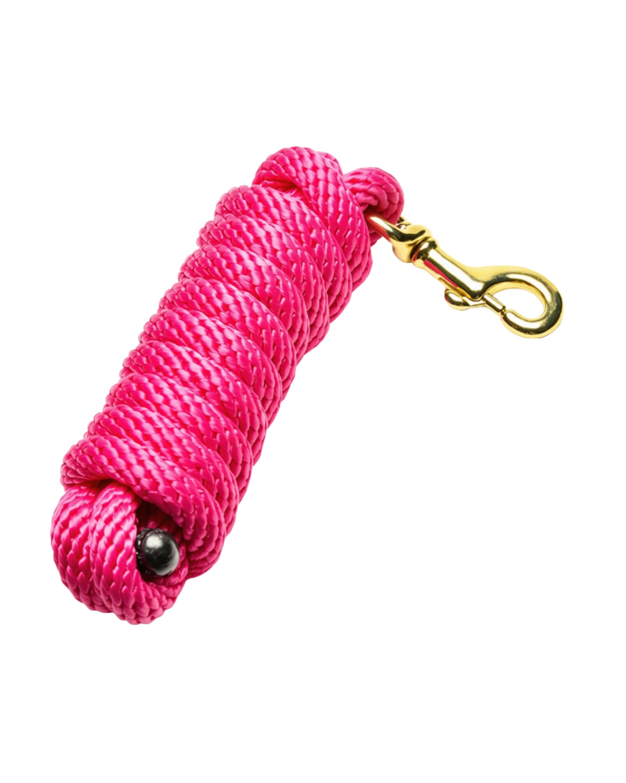 View of the rolled up neon pink Jacks Poly Lead Rope with Bolt Snap on a white background
