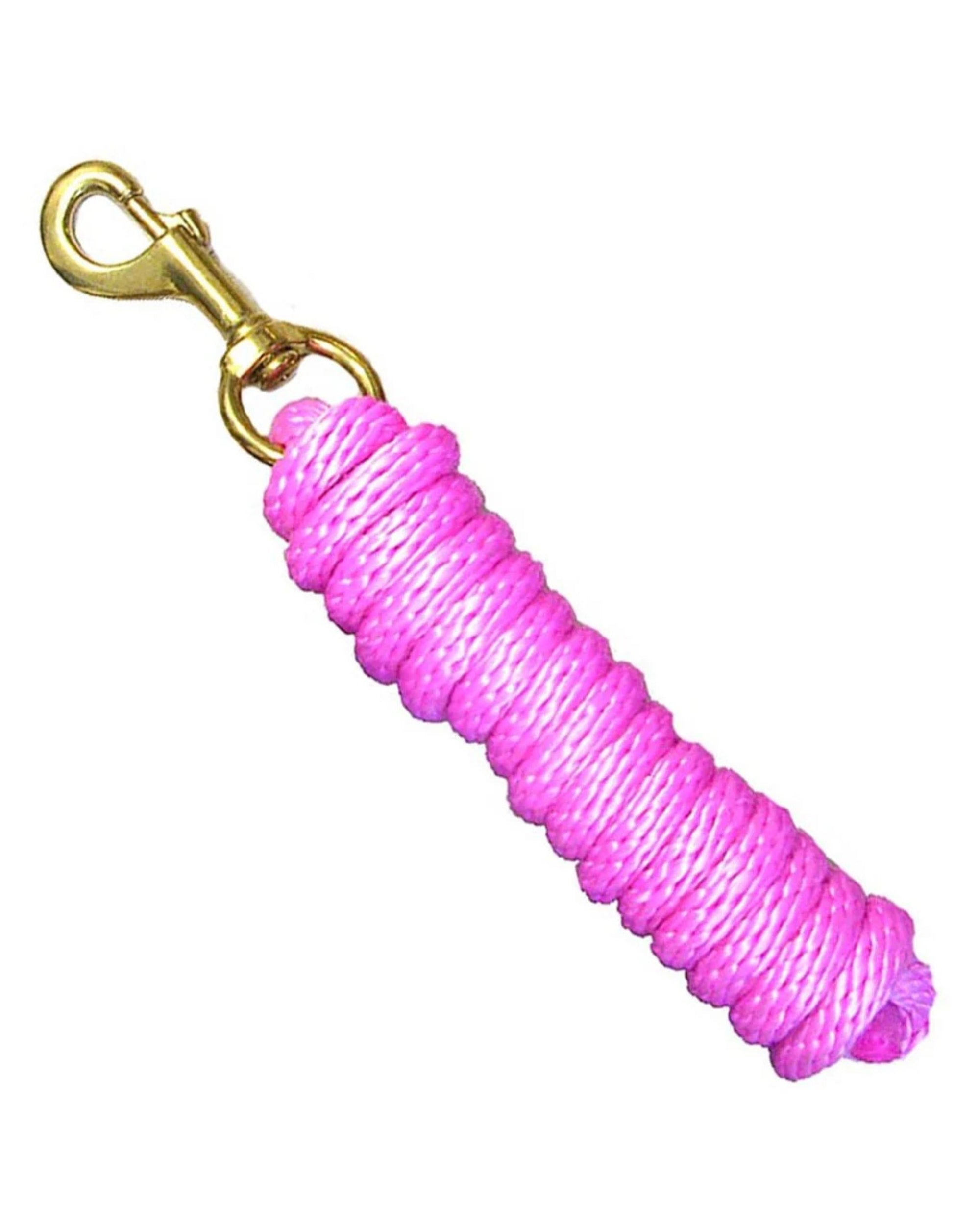 Full view of the neon pink Intrepid Braided Poly Lead Rope with Solid Brass Snap 8' on a white background