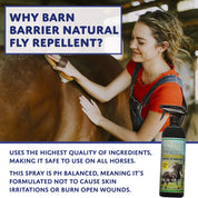 Fly repellent spray bottle and it's benefits photoshopped over a photo of a person brushing a horse in a barn 