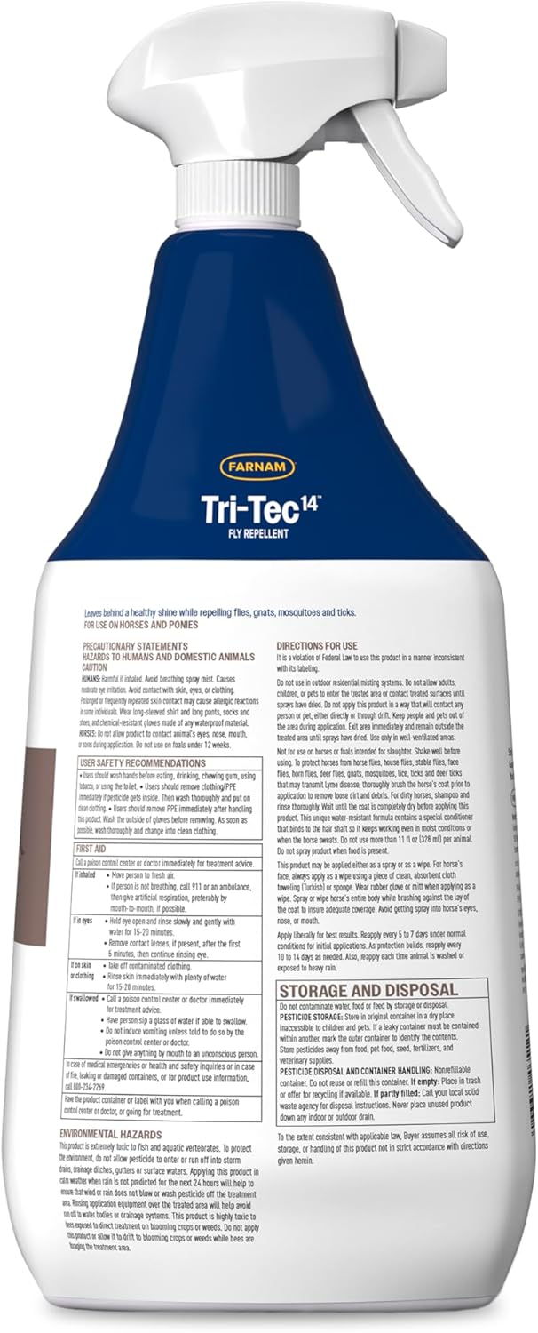 Back view of a 32 oz spray bottle of Tri Tec 14 Fly Repellent on a white background