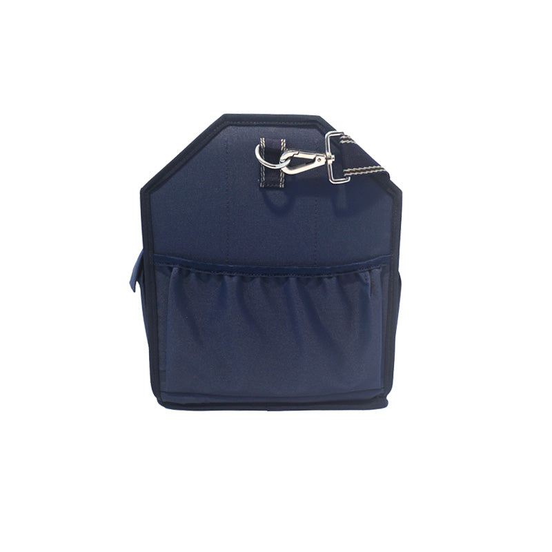 Side view of the navy Kavalkade Cleaning Bag on a white background