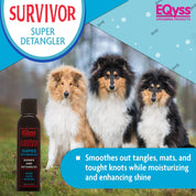 Bottle of detangler shown next to three dogs sitting on grass