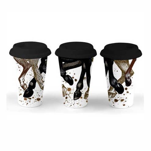View of 3 side by side The Traveled Lane Horse Legs Insulated Tumblers on a white background