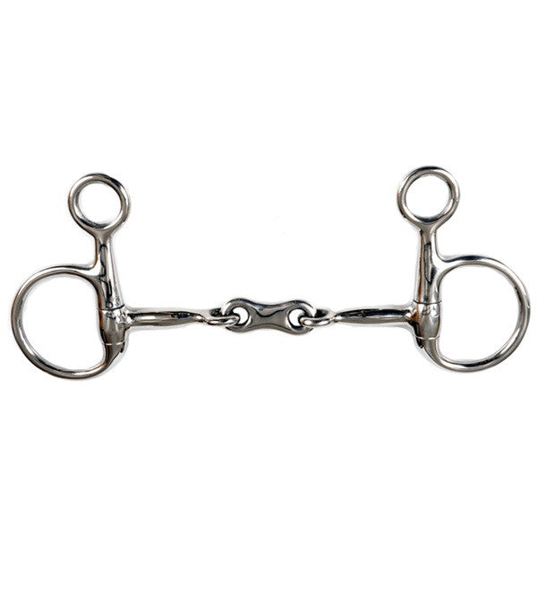 Stainless steel French Baucher bit with double-jointed mouthpiece and upper cheek rings for poll leverage