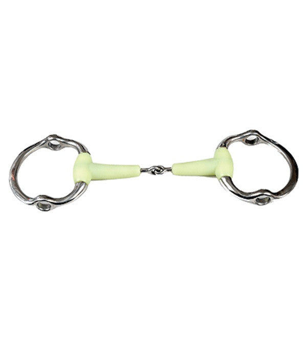 Apple-flavored jointed gag bit with light green mouthpiece and stainless steel rings
