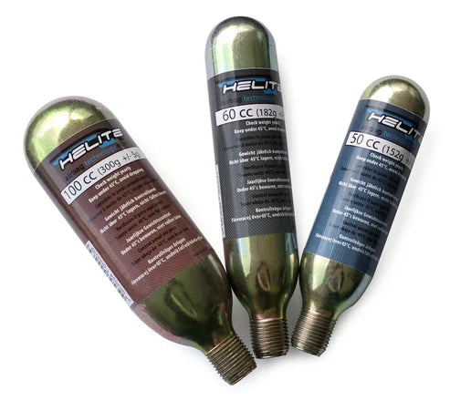 Front view of a variety of sizes of the Helite CO2 Cartridgea